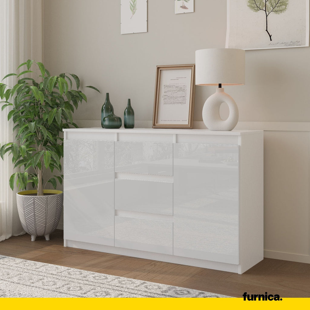 MIKEL - Cómoda de 3 cajones y 2 puertas - Armario de almacenamiento para dormitorio - Aparador - Blanco Mate / Blanco Brillante - A75cm A120cm P35cm