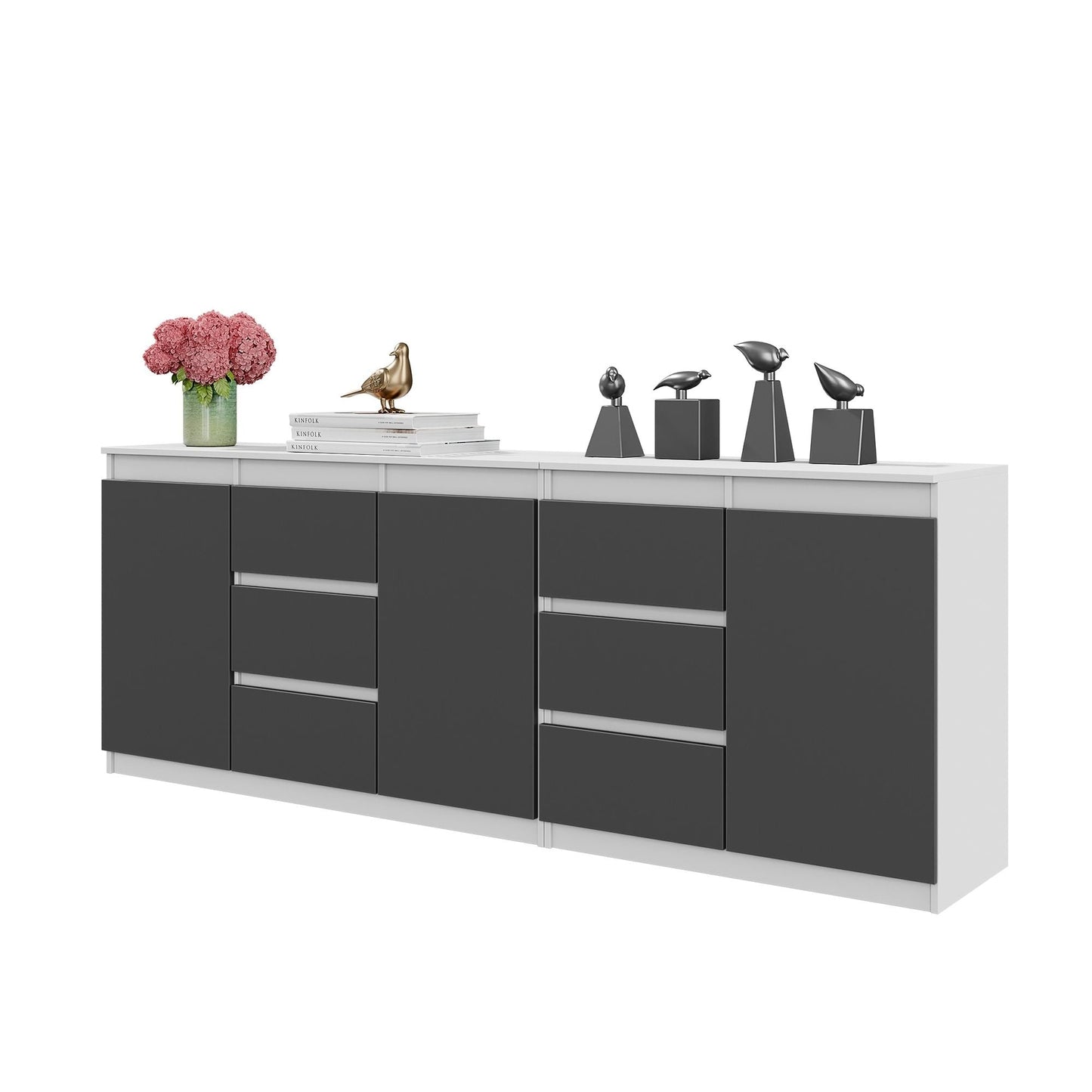 MIKEL - Cómoda de 6 cajones y 3 puertas - Armario de almacenamiento para el dormitorio - Blanco Mate / Antracita - A75cm