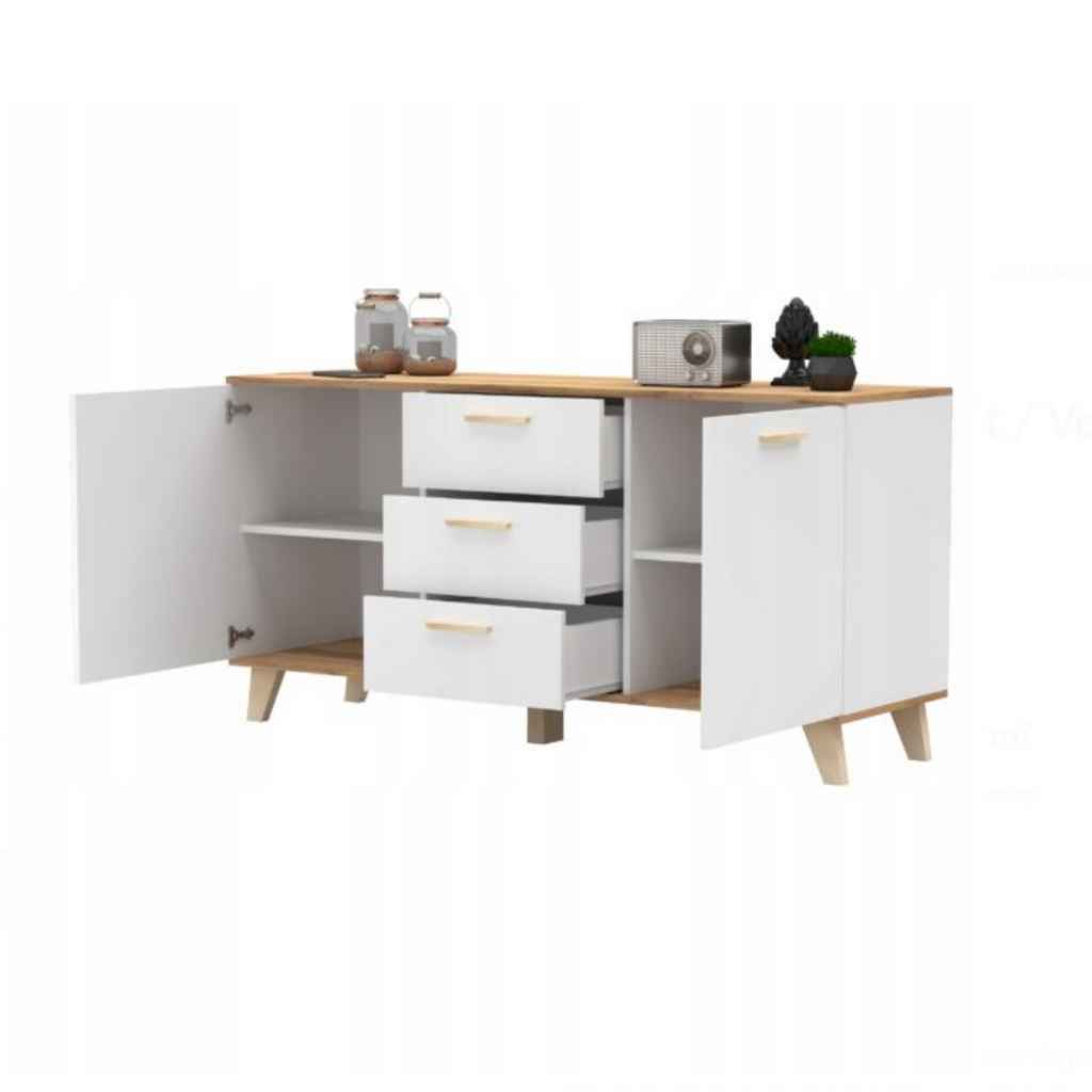 INGRID - Cómoda escandinava - 3 cajones, 2 puertas - Blanco Mate / Roble Wotan - A75cm A150cm P45cm