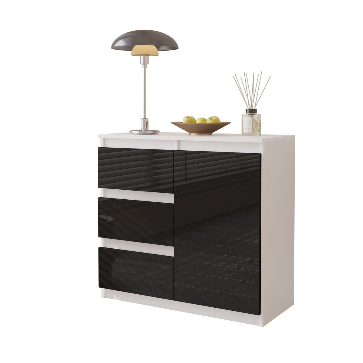 MIKEL - Cómoda de 3 cajones y 1 puerta - Armario de almacenamiento para dormitorio - Blanco Mate / Negro Brillante - A75cm