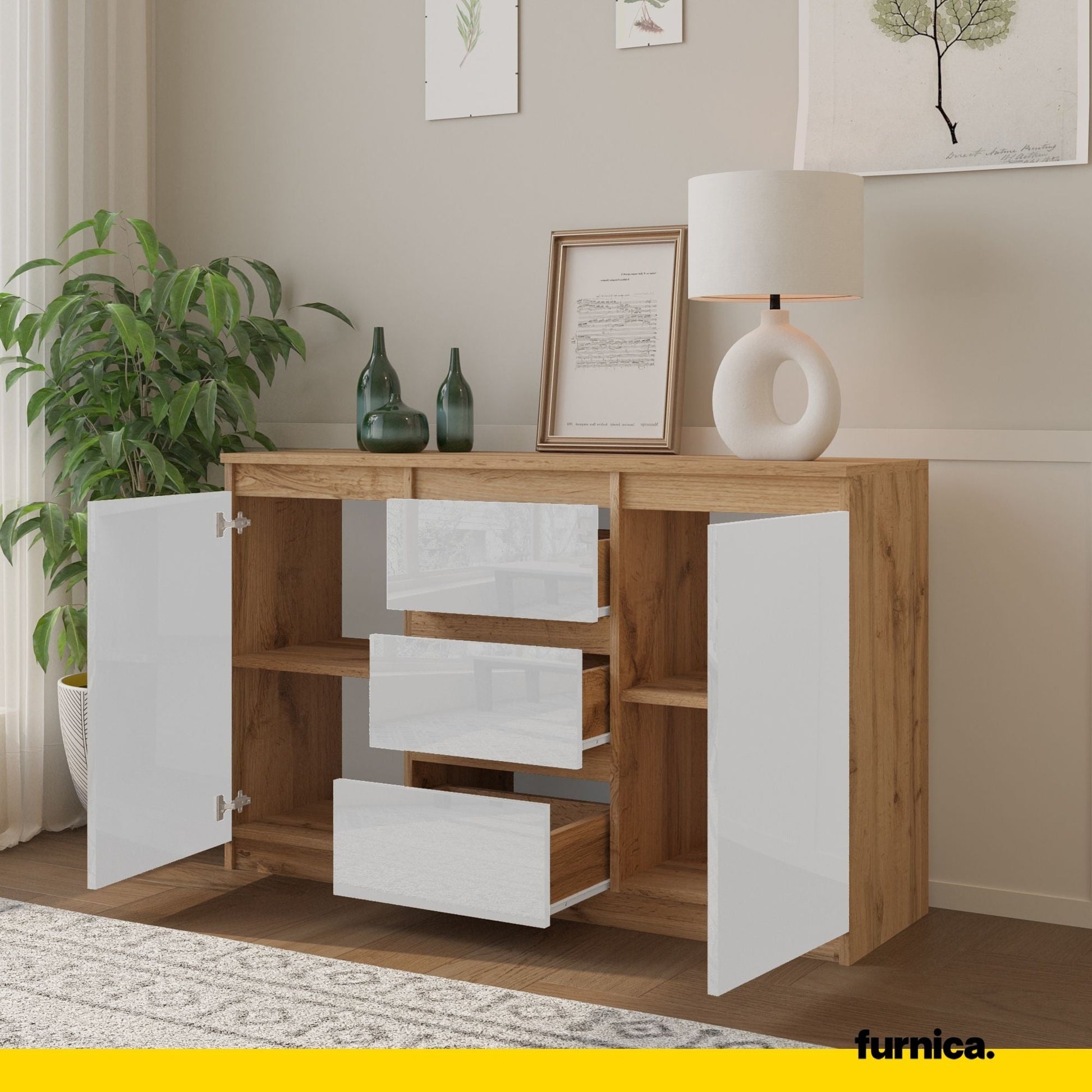 MIKEL - Cómoda de 3 cajones y 2 puertas - Armario de almacenamiento para el dormitorio - Aparador - Roble Wotan / Blanco (5)