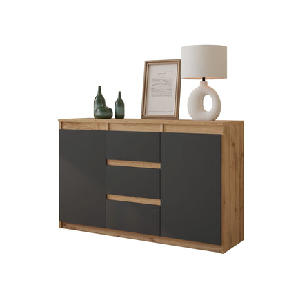 MIKEL - Cómoda de 3 cajones y 2 puertas - Armario de almacenamiento para dormitorio - Aparador - Roble Wotan / Antracita -