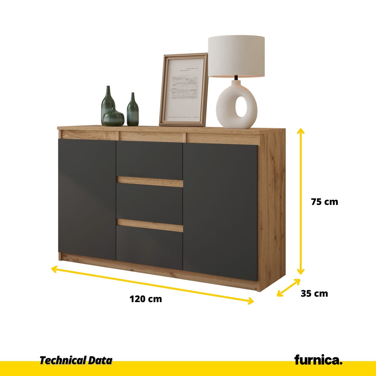 MIKEL - Cómoda de 3 cajones y 2 puertas - Armario de almacenamiento para dormitorio - Aparador - Roble Wotan / Antracita (2)