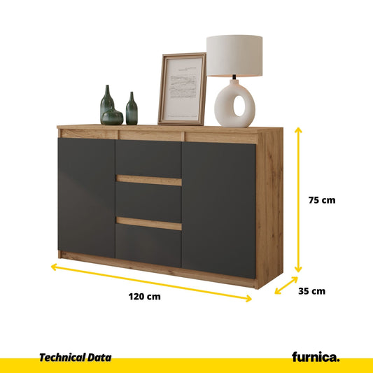 MIKEL - Cómoda de 3 cajones y 2 puertas - Armario de almacenamiento para dormitorio - Aparador - Roble Wotan / Antracita (2)