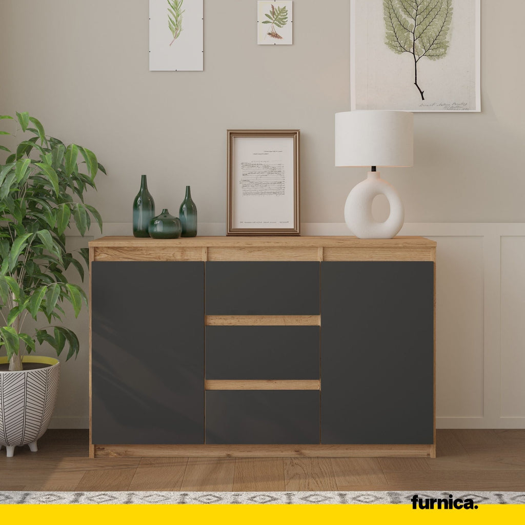 MIKEL - Cómoda de 3 cajones y 2 puertas - Armario de almacenamiento para dormitorio - Aparador - Roble Wotan / Antracita - A75cm A120cm P35cm
