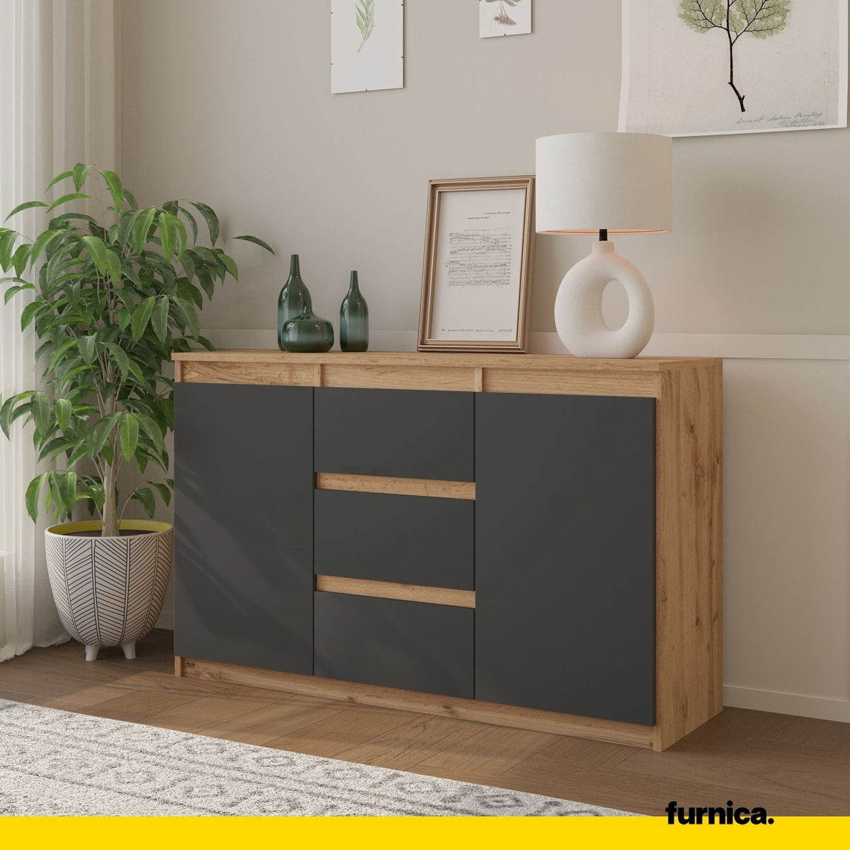 MIKEL - Cómoda de 3 cajones y 2 puertas - Armario de almacenamiento para dormitorio - Aparador - Roble Wotan / Antracita (4)