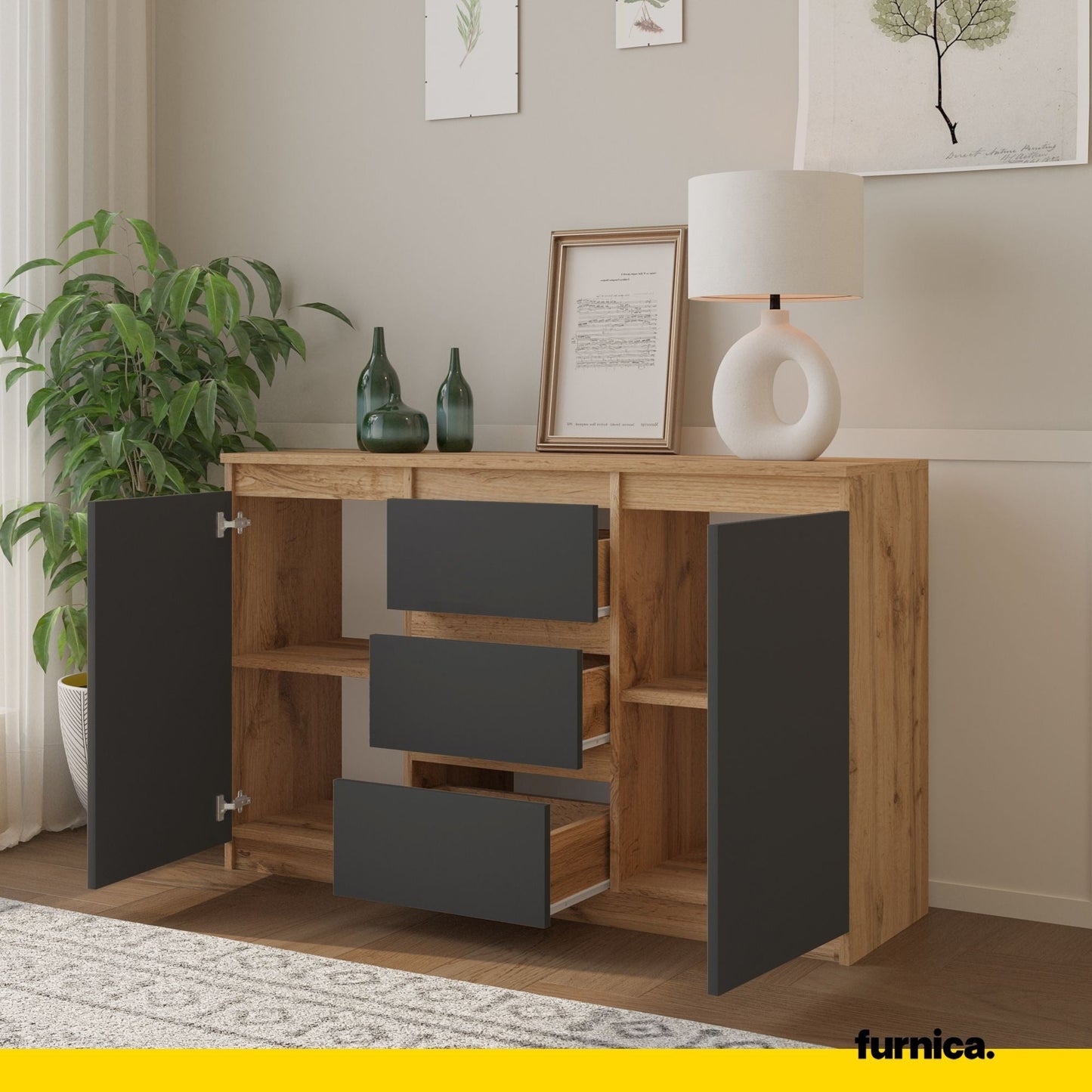MIKEL - Cómoda de 3 cajones y 2 puertas - Armario de almacenamiento para dormitorio - Aparador - Roble Wotan / Antracita (5)