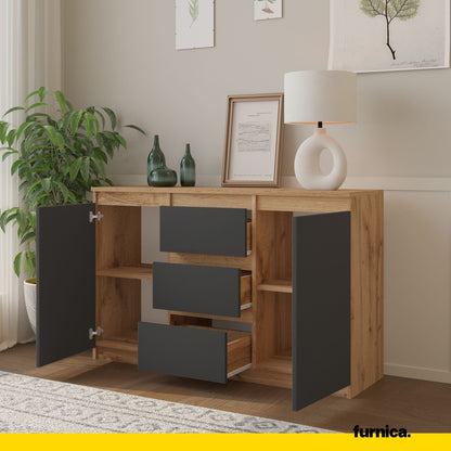 MIKEL - Cómoda de 3 cajones y 2 puertas - Armario de almacenamiento para dormitorio - Aparador - Roble Wotan / Antracita (5)