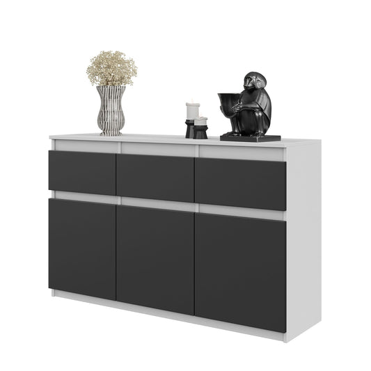 NOAH - Cómoda de 3 cajones y 3 puertas - Armario de almacenamiento para dormitorio - Blanco Mate / Antracita - A75cm A120cm