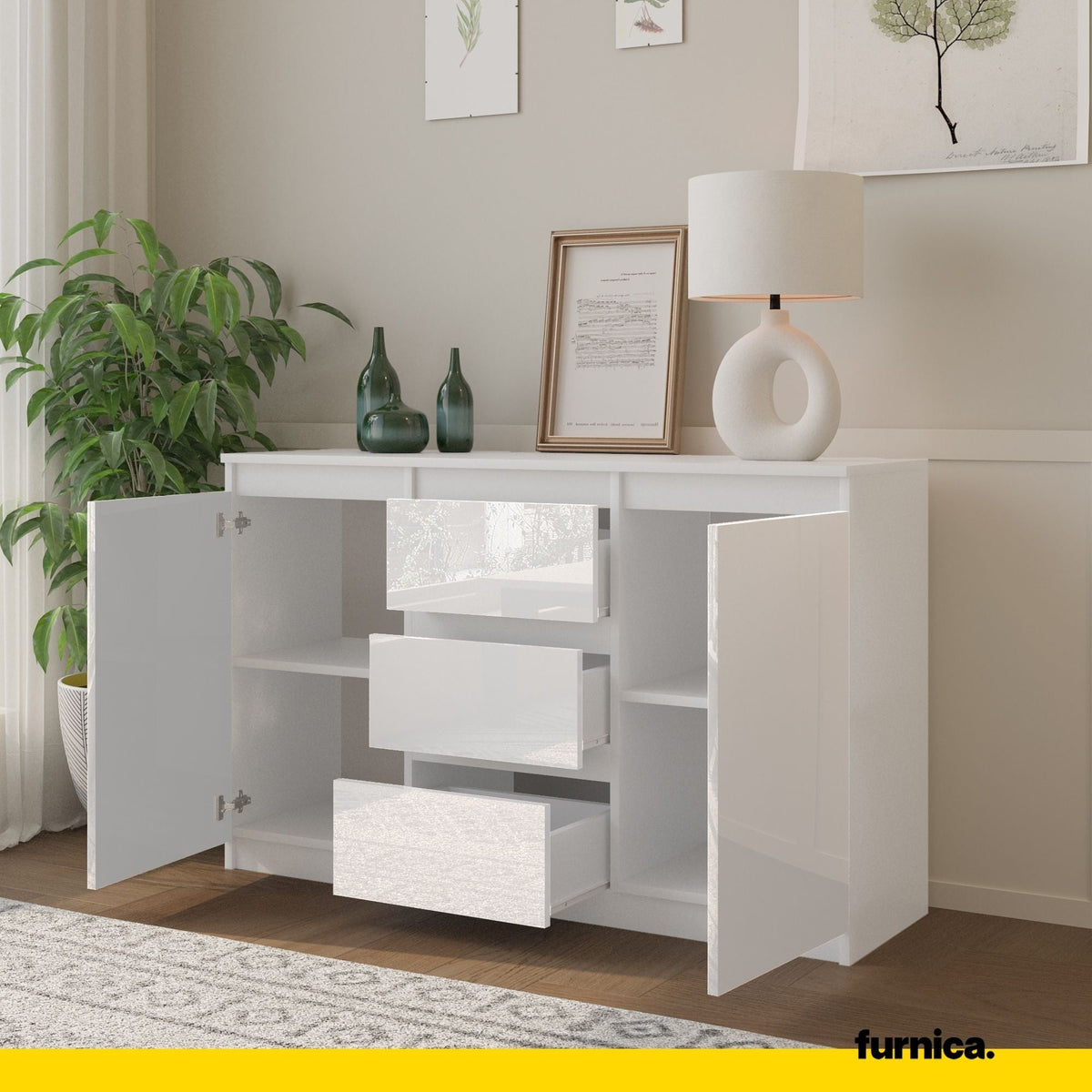 MIKEL - Cómoda de 3 cajones y 2 puertas - Armario de almacenamiento para dormitorio - Aparador - Blanco Mate / Blanco (5)