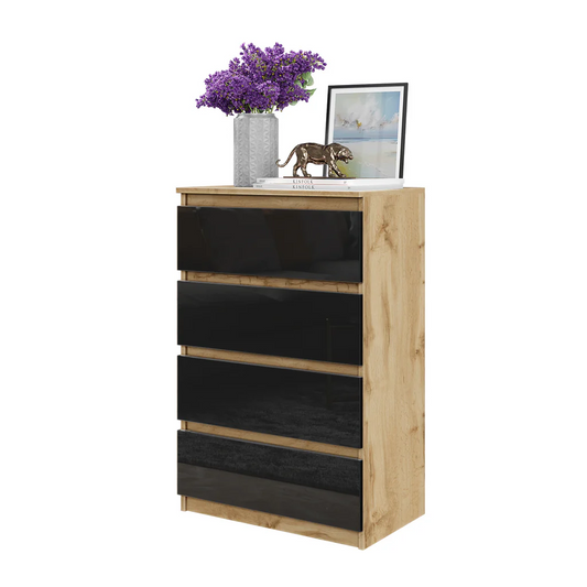 GABRIEL - Cómoda de 4 cajones - Armario de almacenamiento para el dormitorio - Aparador - Roble Wotan / Negro Brillante A92cm A60cm P33cm