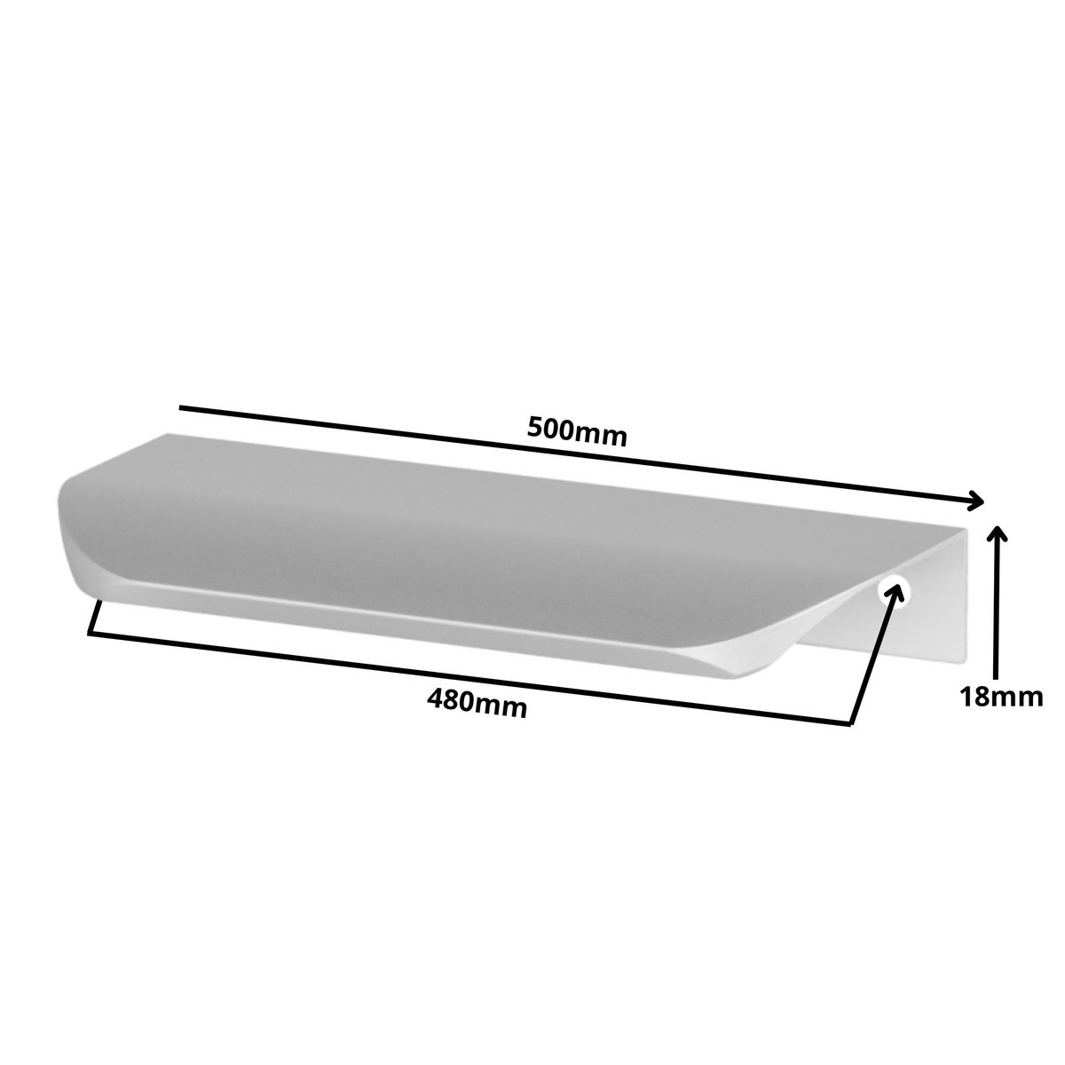 Perfil tirador de canto redondo UA02 de 480 mm (longitud total de 500 mm) - Aluminio