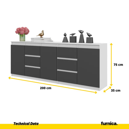 MIKEL - Cómoda de 6 cajones y 3 puertas - Armario de almacenamiento para el dormitorio - Blanco Mate / Antracita - A75cm (2)
