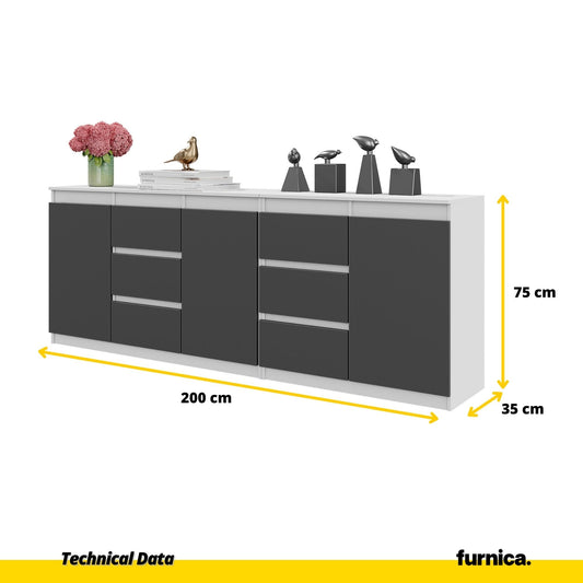 MIKEL - Cómoda de 6 cajones y 3 puertas - Armario de almacenamiento para el dormitorio - Blanco Mate / Antracita - A75cm (2)