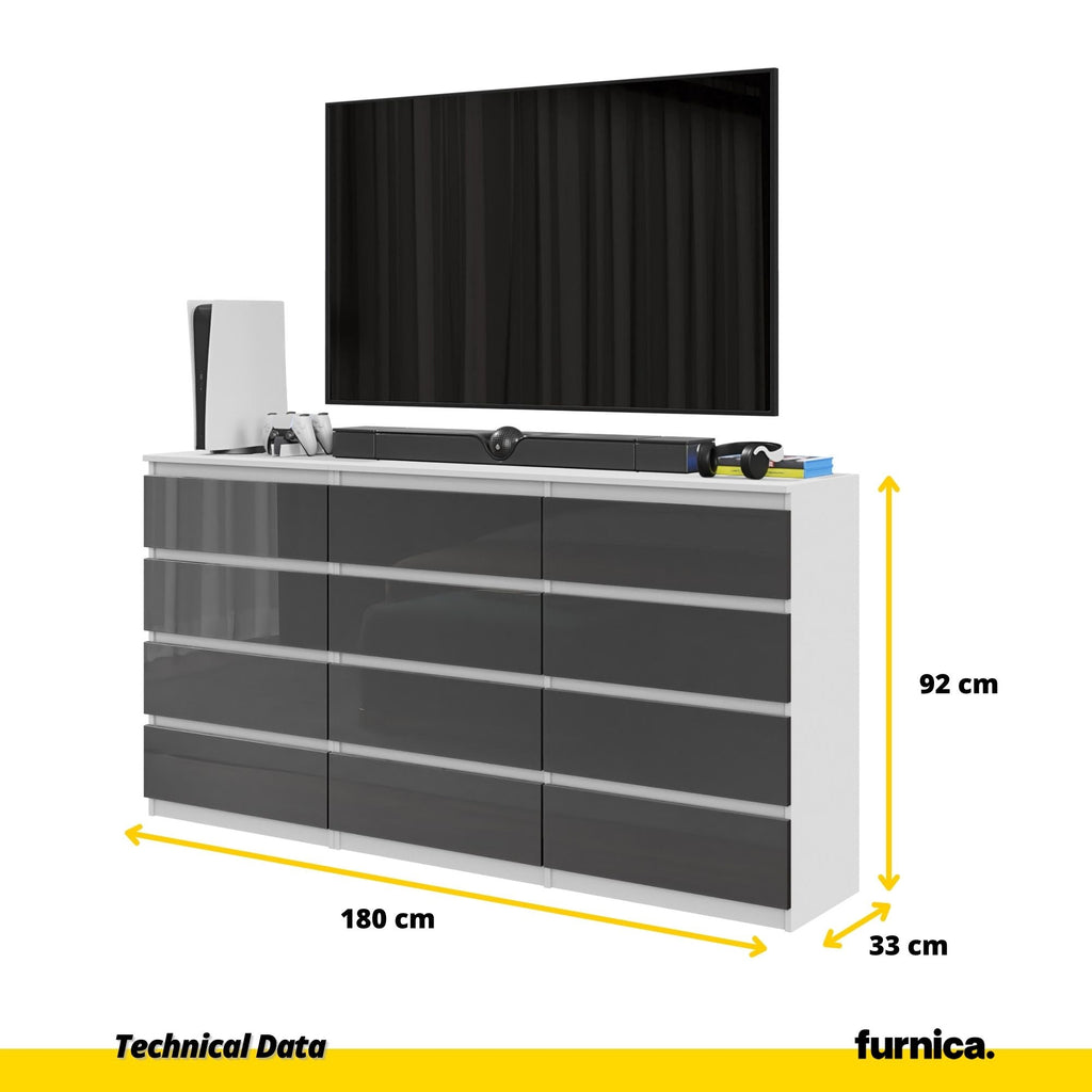 GABRIEL - Cómoda de 12 cajones (8+4) - Armario de almacenamiento para dormitorio - Blanco Mate / Antracita Brillante A92cm A180cm P33cm