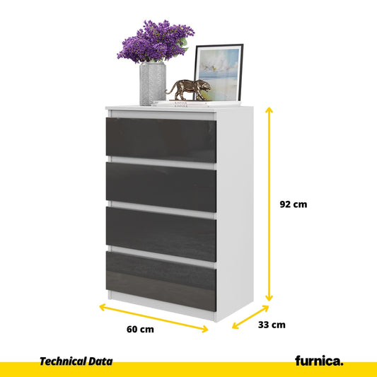 GABRIEL - Cómoda de 4 cajones - Armario de almacenamiento para el dormitorio - Blanco Mate / Antracita Brillante A92cm A60cm P33cm