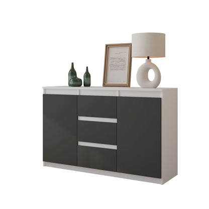 MIKEL - Cómoda de 3 cajones y 2 puertas - Armario de almacenamiento para dormitorio - Blanco Mate / Antracita - A75cm A120cm