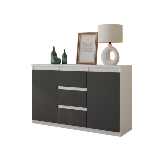 MIKEL - Cómoda de 3 cajones y 2 puertas - Armario de almacenamiento para dormitorio - Blanco Mate / Antracita - A75cm A120cm