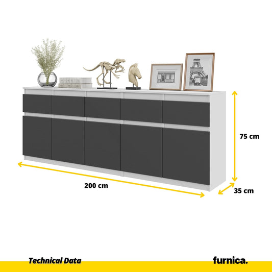 NOAH - Cómoda de 5 cajones y 5 puertas - Armario de almacenamiento para dormitorio - Blanco Mate / Antracita - A75cm (2)