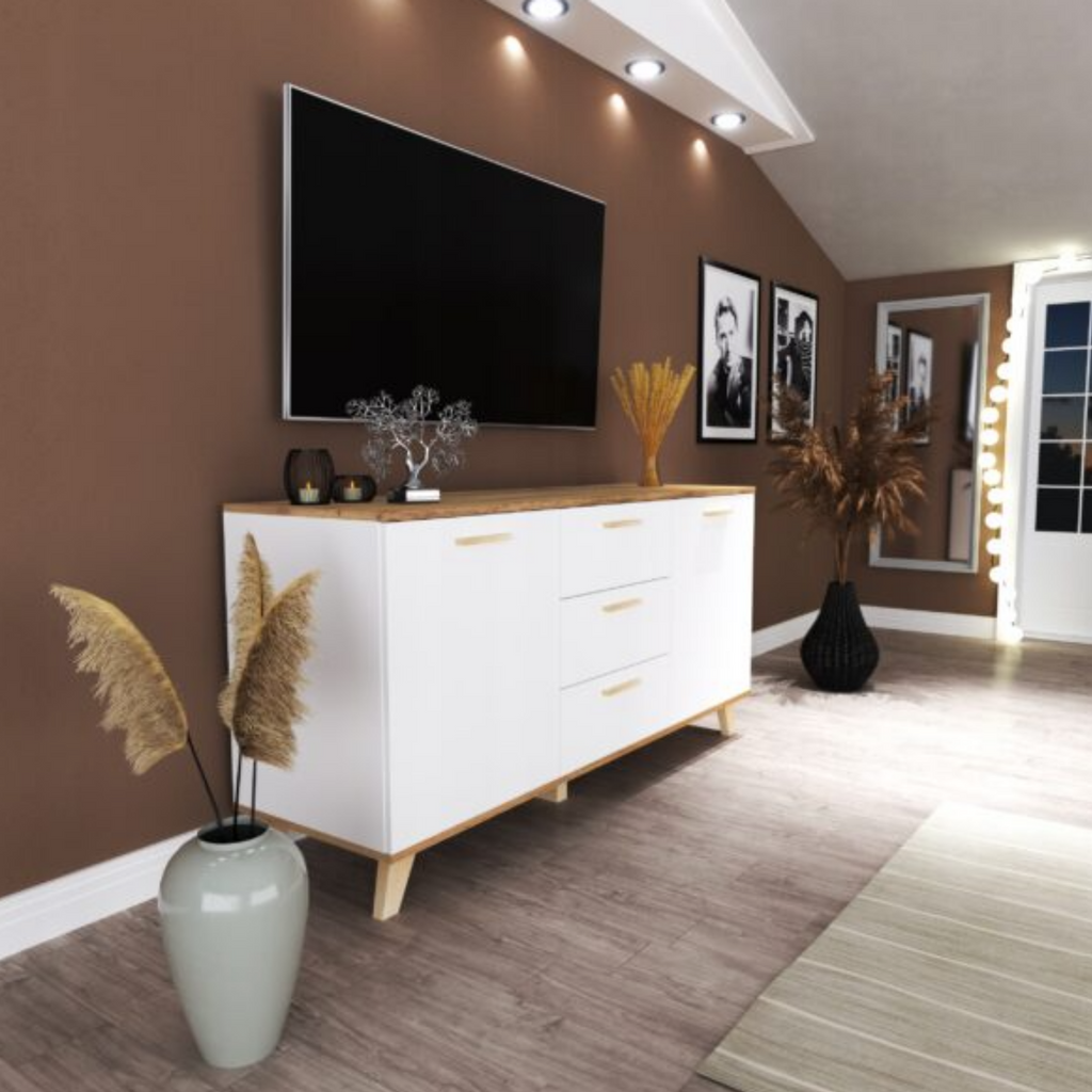 INGRID - Cómoda escandinava - 3 cajones, 2 puertas - Blanco Mate / Roble Wotan - A75cm A150cm P45cm
