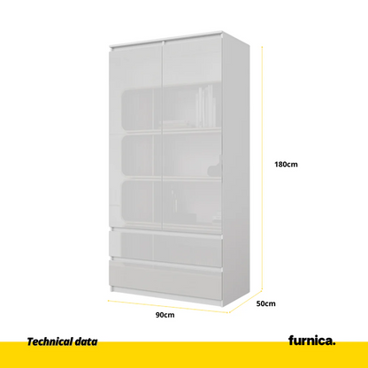 JOELLE - Armario de 2 puertas con 2 cajones - Blanco Mate / Blanco Brillante - A180cm A90cm P50cm (2) – Furnica