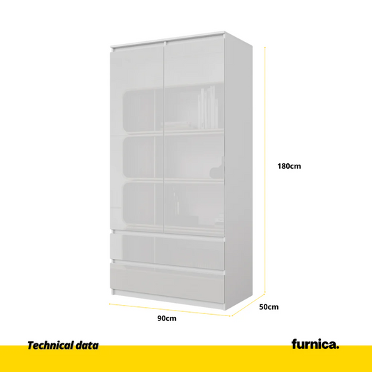 JOELLE - Armario de 2 puertas con 2 cajones - Blanco Mate / Blanco Brillante - A180cm A90cm P50cm (2) – Furnica