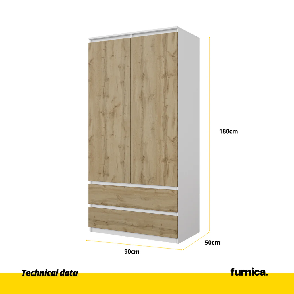 JOELLE - Armario de 2 puertas con 2 cajones - Blanco Mate / Roble Wotan - A180cm A90cm P50cm (2) – Furnica