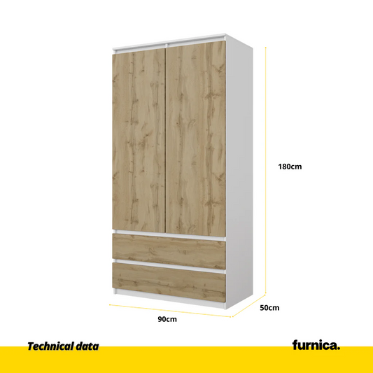 JOELLE - Armario de 2 puertas con 2 cajones - Blanco Mate / Roble Wotan - A180cm A90cm P50cm (2) – Furnica