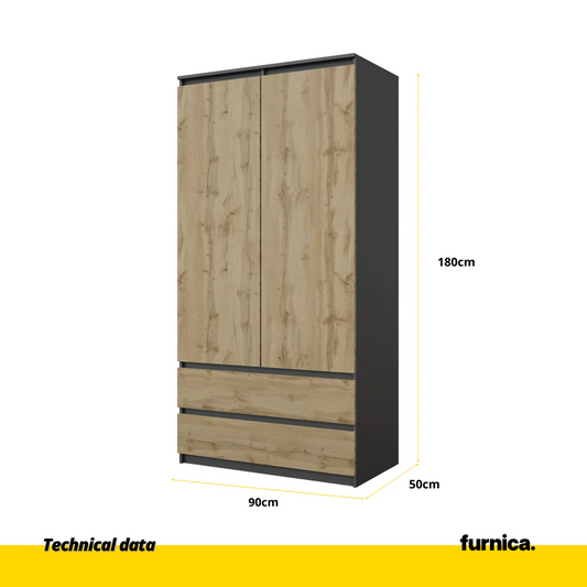 JOELLE - Armario de 2 puertas con 2 cajones - Antracita / Roble Wotan - A180cm A90cm P50cm (2) – Furnica