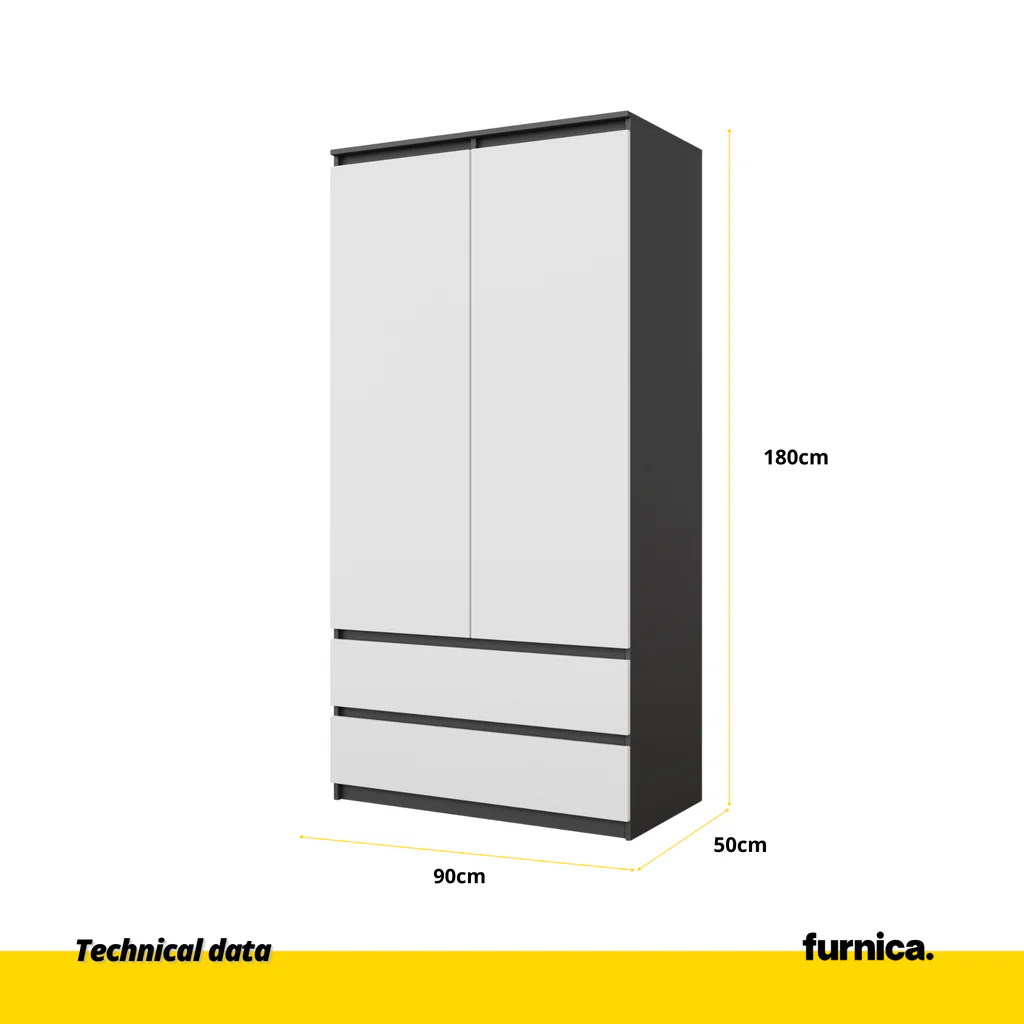 JOELLE - Armario de 2 puertas con 2 cajones - Antracita / Blanco Mate - A180cm A90cm P50cm