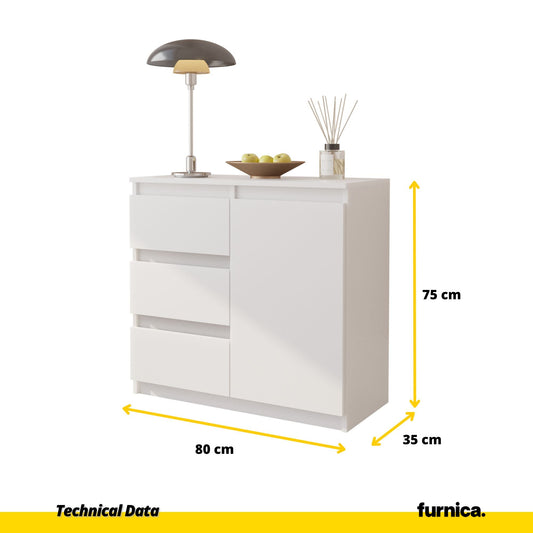 MIKEL - Cómoda de 3 cajones y 1 puerta - Armario de almacenamiento para el dormitorio - Aparador - Blanco Mate - A75cm A80cm P35cm