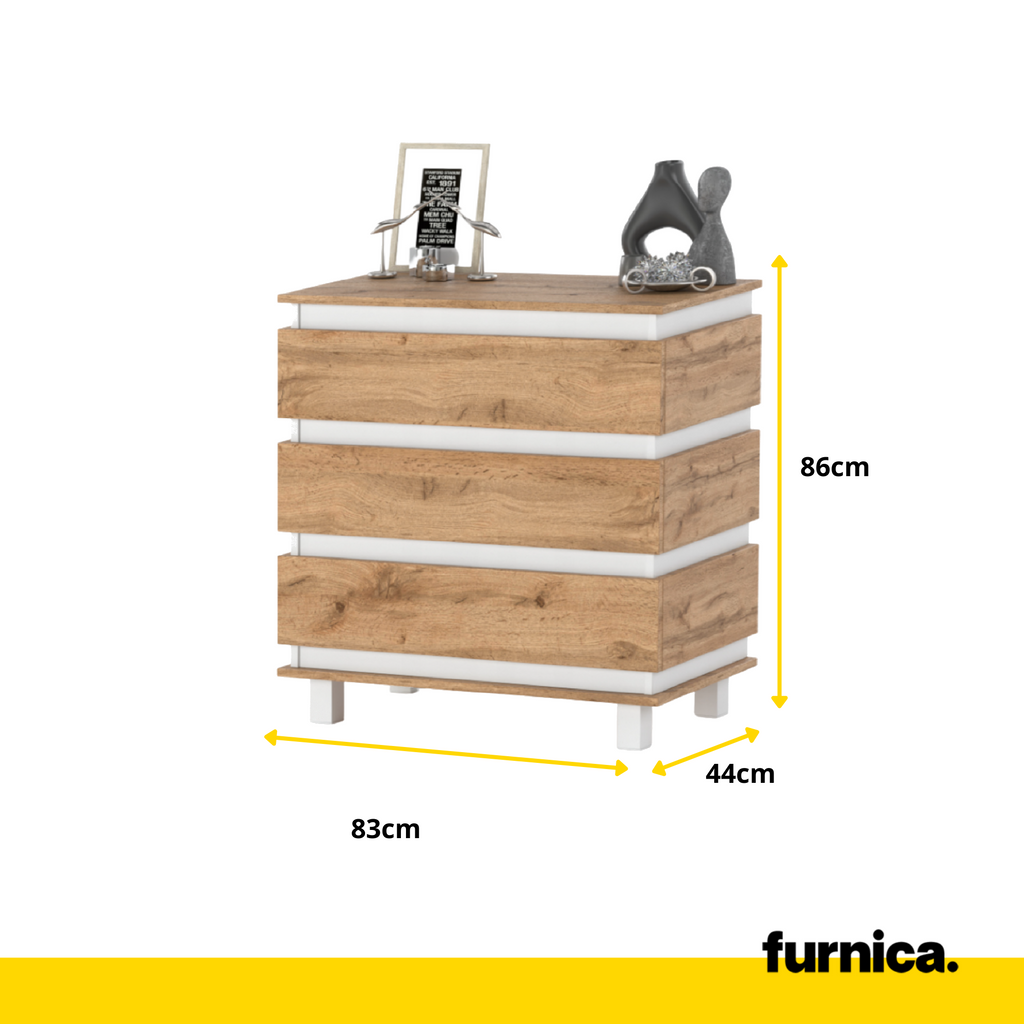 MARGARET - Cómoda de 3 cajones - Armario de almacenamiento para el dormitorio - Blanco Mate / Roble Wotan - A86cm A83cm P44cm