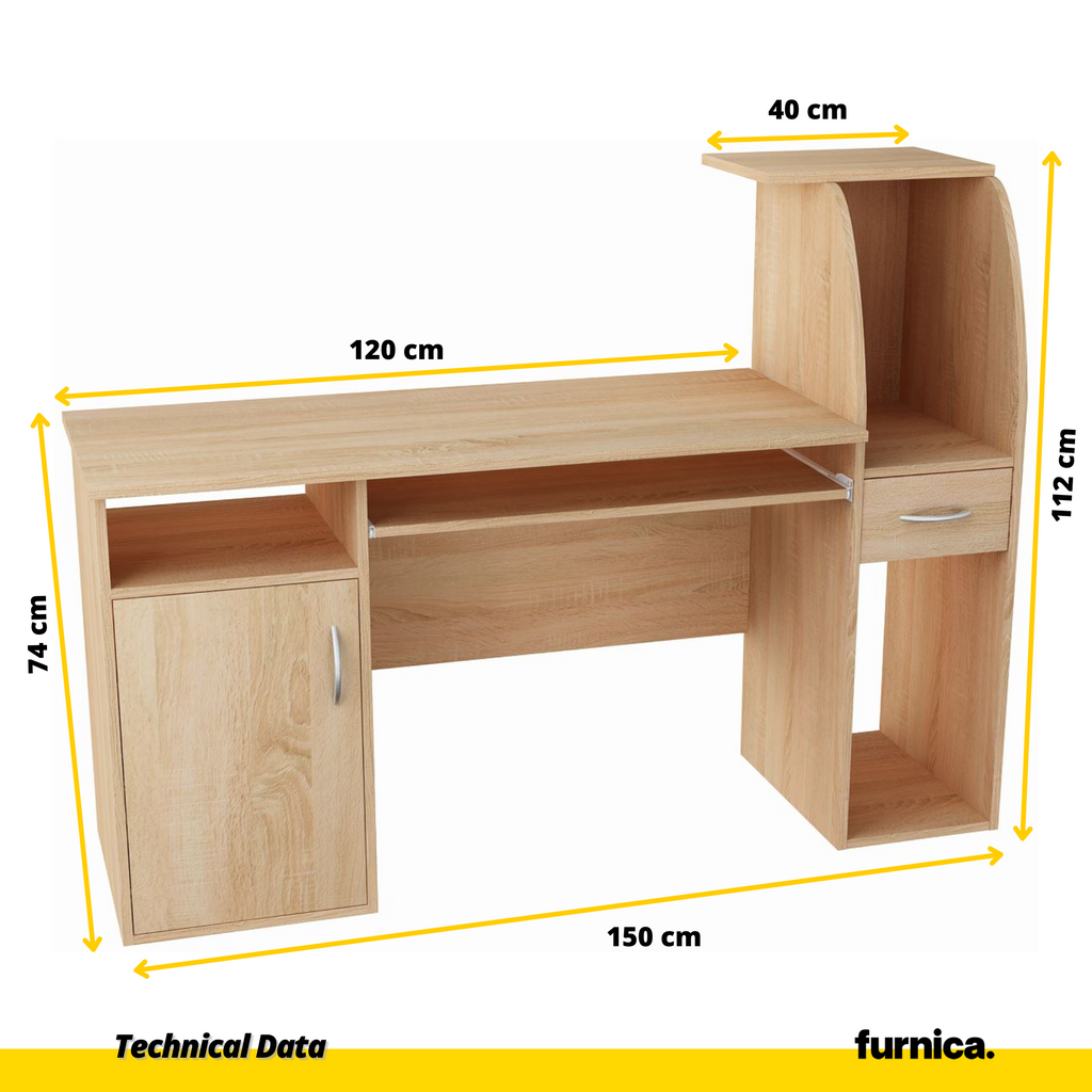 ROBIN - Escritorio de computadora con 1 cajón y 1 puerta y bandeja para teclado - Roble Sonoma - A112cm A150cm P50cm