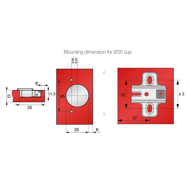 Bisagra de +30º, placa de montaje H2 con tornillos EURO, puertas anguladas