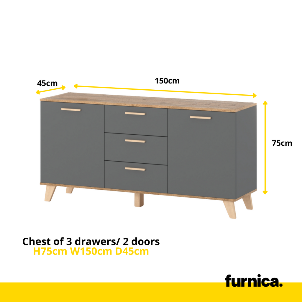 INGRID - Cómoda escandinava - 3 cajones, 2 puertas - Gris Antracita / Roble Wotan - A75cm A150cm P45cm