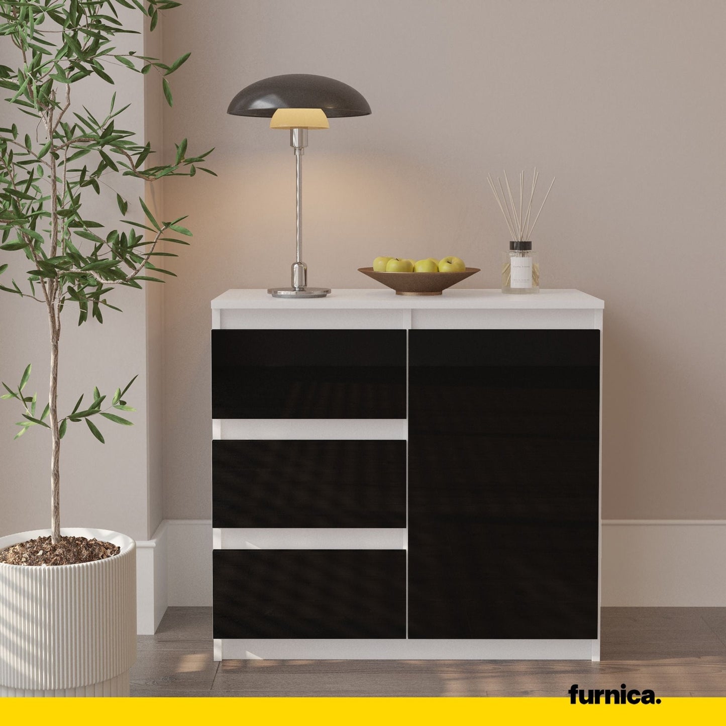 MIKEL - Cómoda de 3 cajones y 1 puerta - Armario de almacenamiento para dormitorio - Blanco Mate / Negro Brillante - (3)