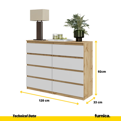 GABRIEL - Cómoda de 8 cajones - Armario de almacenamiento para dormitorio - Roble Wotan / Blanco Mate A92cm A120cm P33cm
