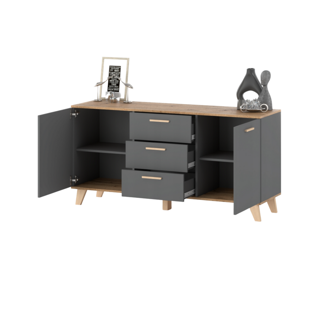 INGRID - Cómoda escandinava - 3 cajones, 2 puertas - Gris Antracita / Roble Wotan - A75cm A150cm P45cm