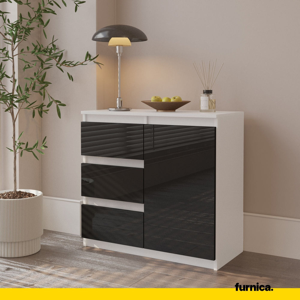 MIKEL - Cómoda de 3 cajones y 1 puerta - Armario de almacenamiento para dormitorio - Blanco Mate / Negro Brillante - (4)