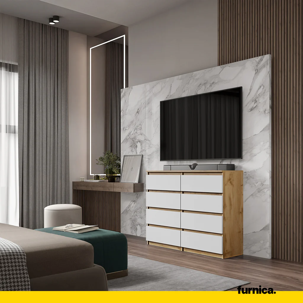GABRIEL - Cómoda de 8 cajones - Armario de almacenamiento para dormitorio - Roble Wotan / Blanco Mate A92cm A120cm P33cm