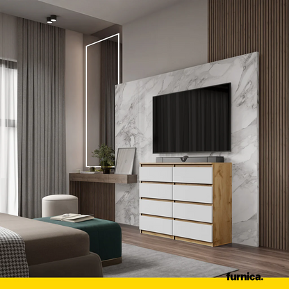 GABRIEL - Cómoda de 8 cajones - Armario de almacenamiento para dormitorio - Roble Wotan / Blanco Mate A92cm A120cm P33cm