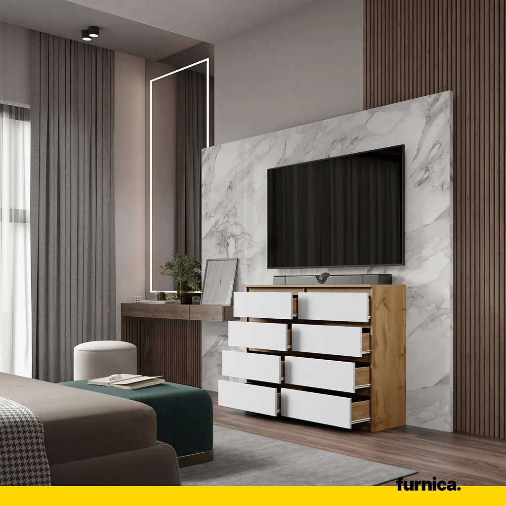 GABRIEL - Cómoda de 8 cajones - Armario de almacenamiento para dormitorio - Roble Wotan / Blanco Mate A92cm A120cm P33cm