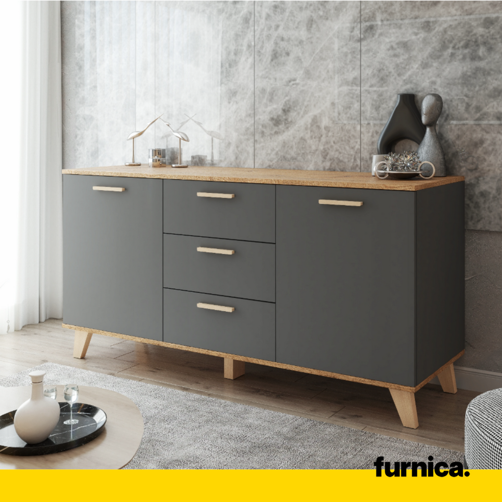 INGRID - Cómoda escandinava - 3 cajones, 2 puertas - Gris Antracita / Roble Wotan - A75cm A150cm P45cm