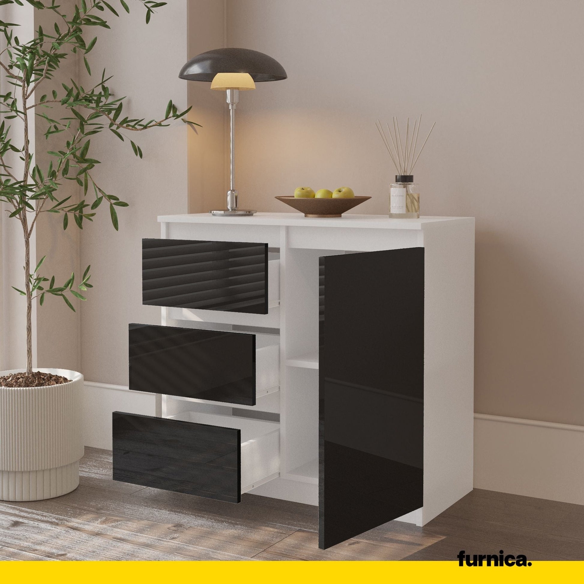MIKEL - Cómoda de 3 cajones y 1 puerta - Armario de almacenamiento para dormitorio - Blanco Mate / Negro Brillante - (5)