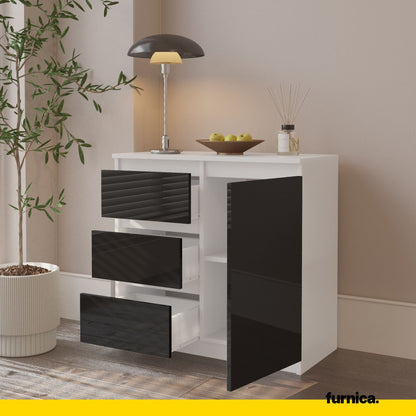 MIKEL - Cómoda de 3 cajones y 1 puerta - Armario de almacenamiento para dormitorio - Blanco Mate / Negro Brillante - (5)