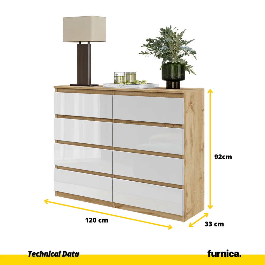 GABRIEL - Cómoda de 8 cajones - Armario de almacenamiento para dormitorio - Roble Wotan / Blanco Brillante A92cm A120cm (2)