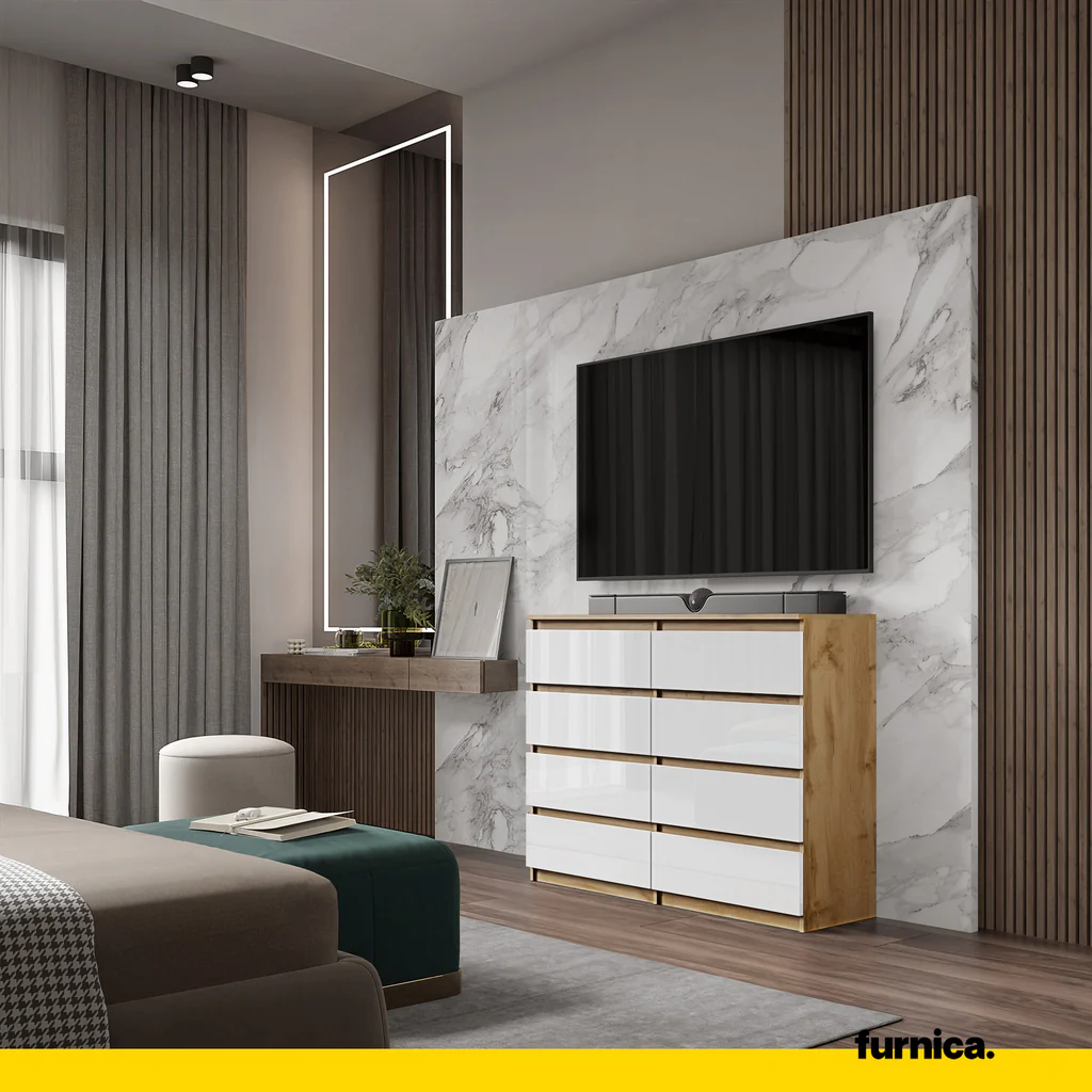 GABRIEL - Cómoda de 8 cajones - Armario de almacenamiento para dormitorio - Roble Wotan / Blanco Brillante A92cm A120cm (3)