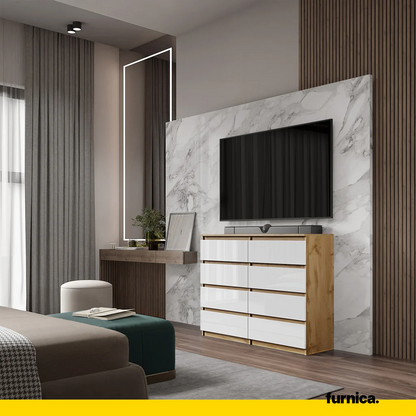 GABRIEL - Cómoda de 8 cajones - Armario de almacenamiento para dormitorio - Roble Wotan / Blanco Brillante A92cm A120cm (3)