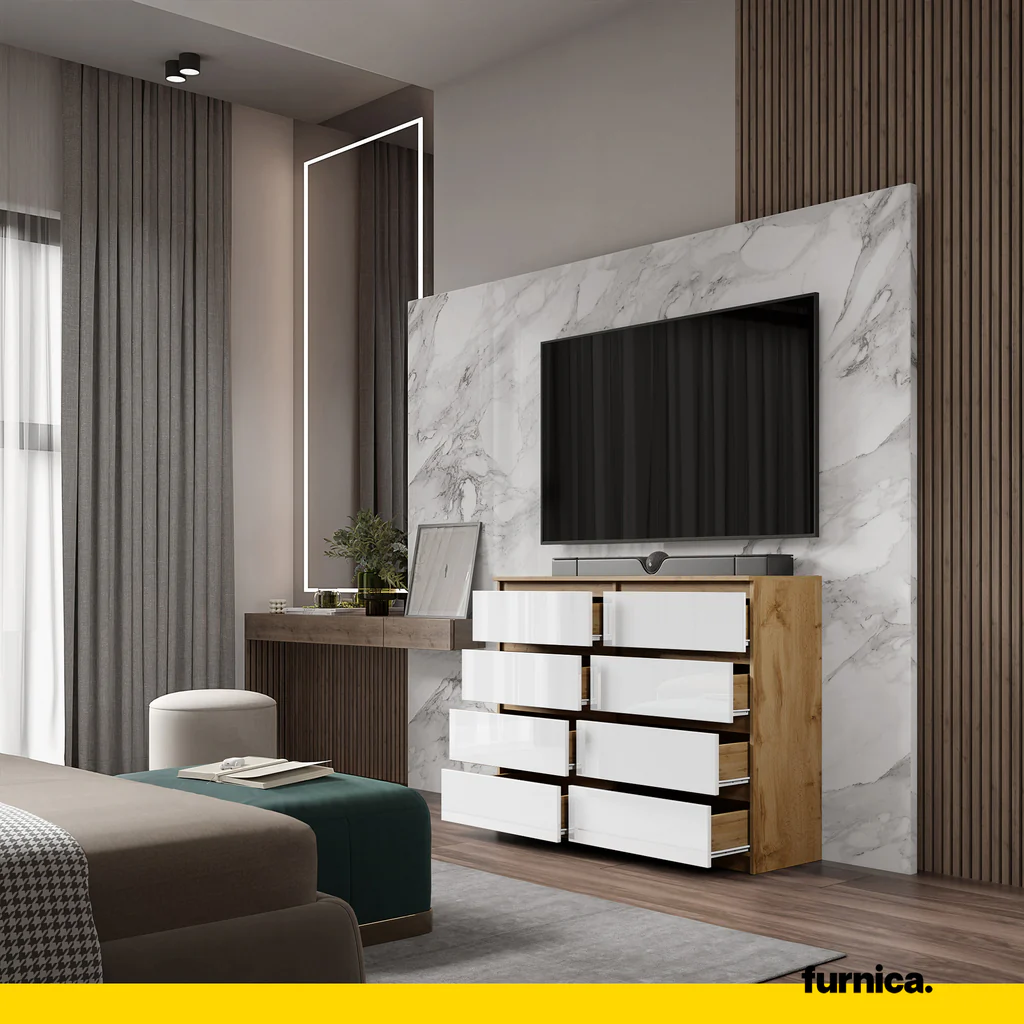 GABRIEL - Cómoda de 8 cajones - Armario de almacenamiento para dormitorio - Roble Wotan / Blanco Brillante A92cm A120cm (4)