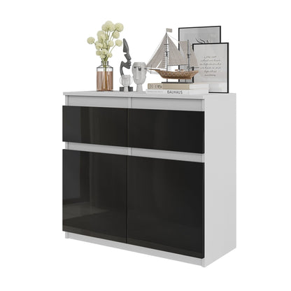NOAH - Cómoda de 2 cajones y 2 puertas - Armario de almacenamiento para dormitorio - Aparador - Blanco Mate / Negro